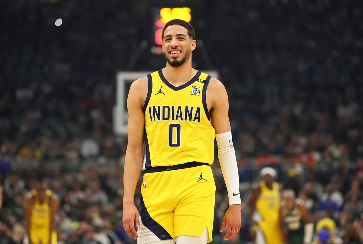 Tyrese Haliburton of the Indiana Pacers walks backcourt during a game