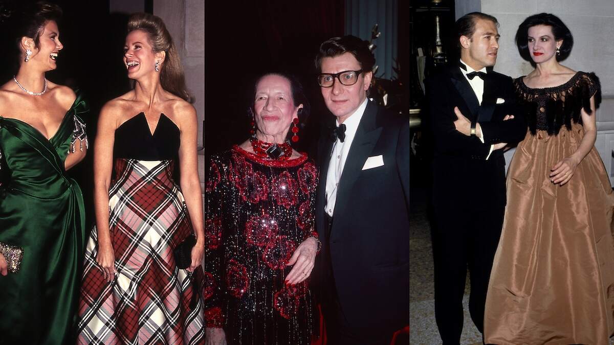 Socialites Linda Carter and Blaine Trump laugh together as they enter the Meta Gala and Yves Saint Laurent poses for a photo with fashion editor Diana Vreeland