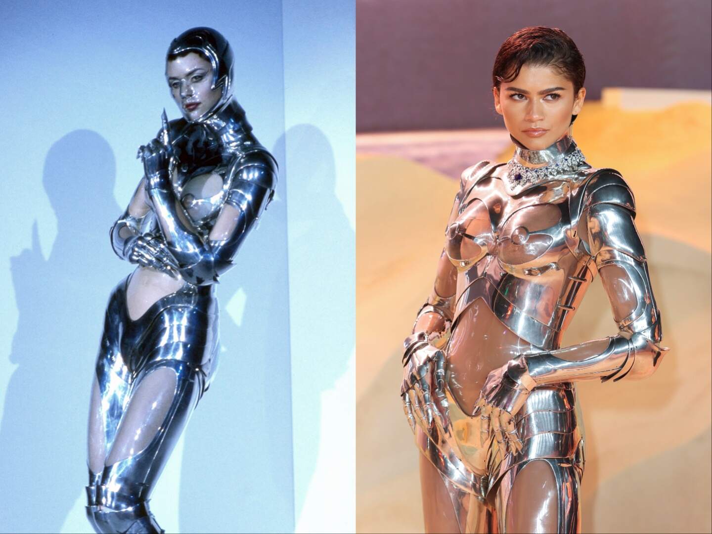 Photo of a model wearing a metal Mugler outfit alongside a photo of Zendaya wearing the same Mugler outfit 30 years later