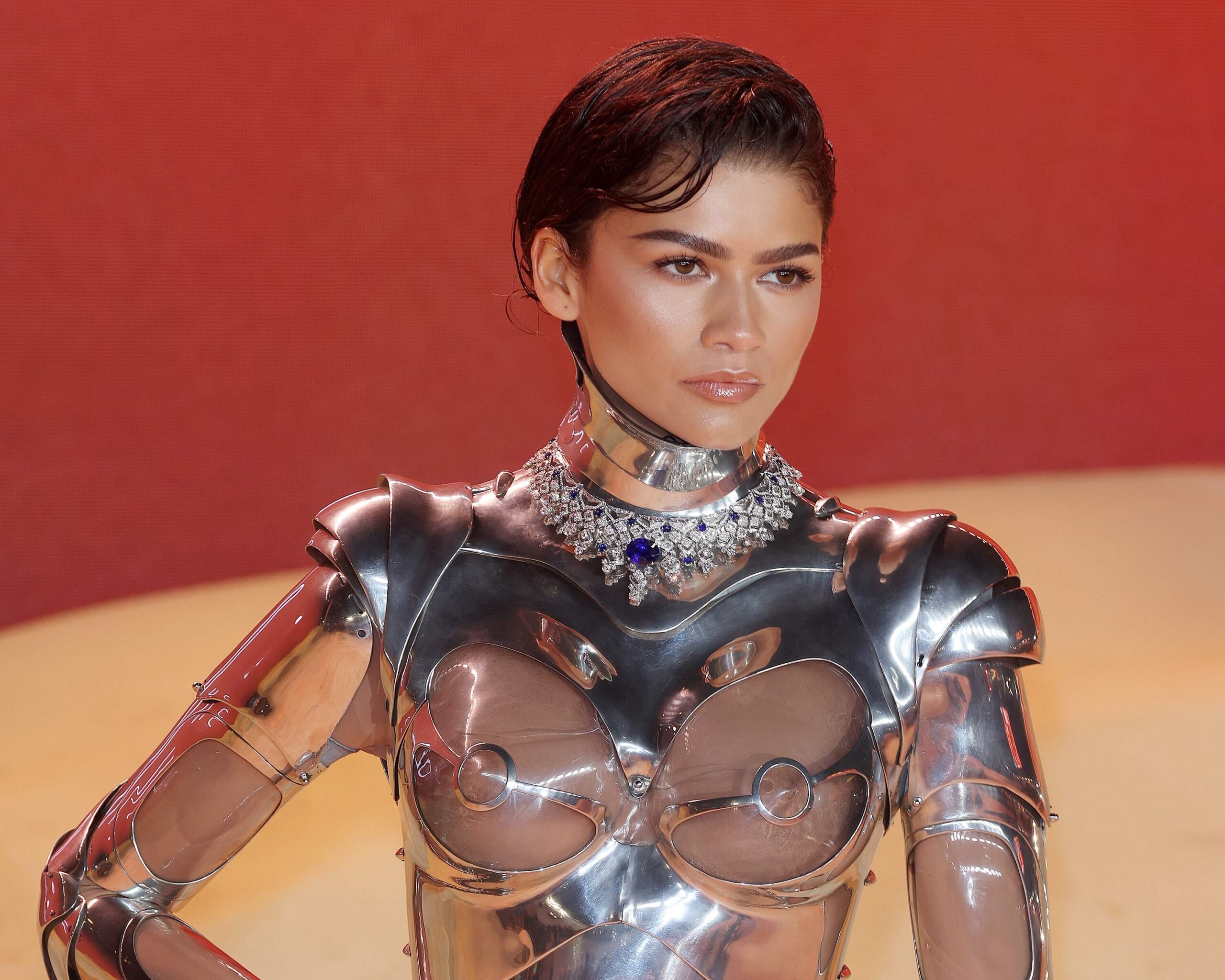 Actor Zendaya wears a metal Mugler outfit to the Dune Part Two premiere