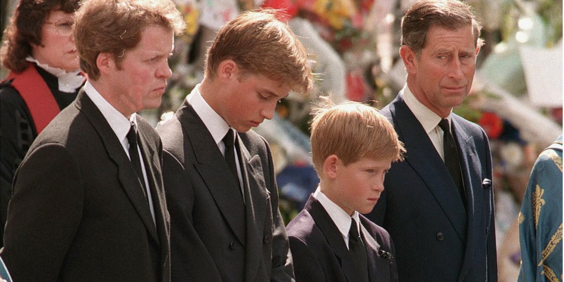 Charles Spencer, Prince William, Prince Harry and then Prince Charles at Princess Diana's funeral in 1997