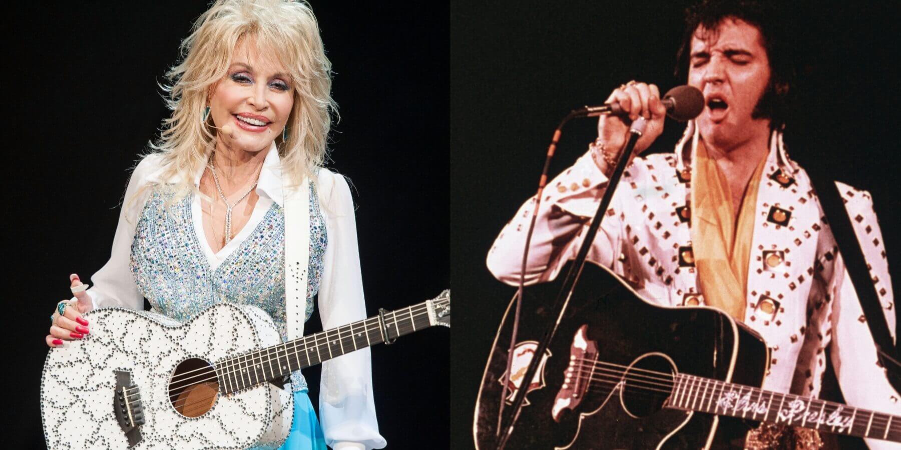 Dolly Parton and Elvis Presley in side-by-side photographs