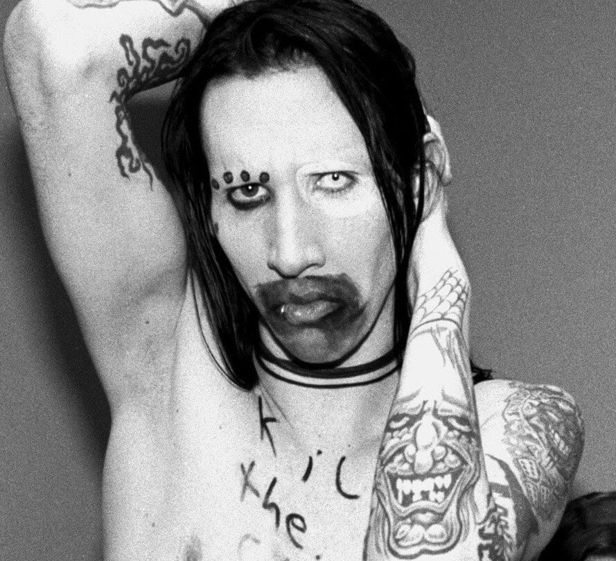 Marilyn Manson, rock star and proponent of Satanism, in black-and-white