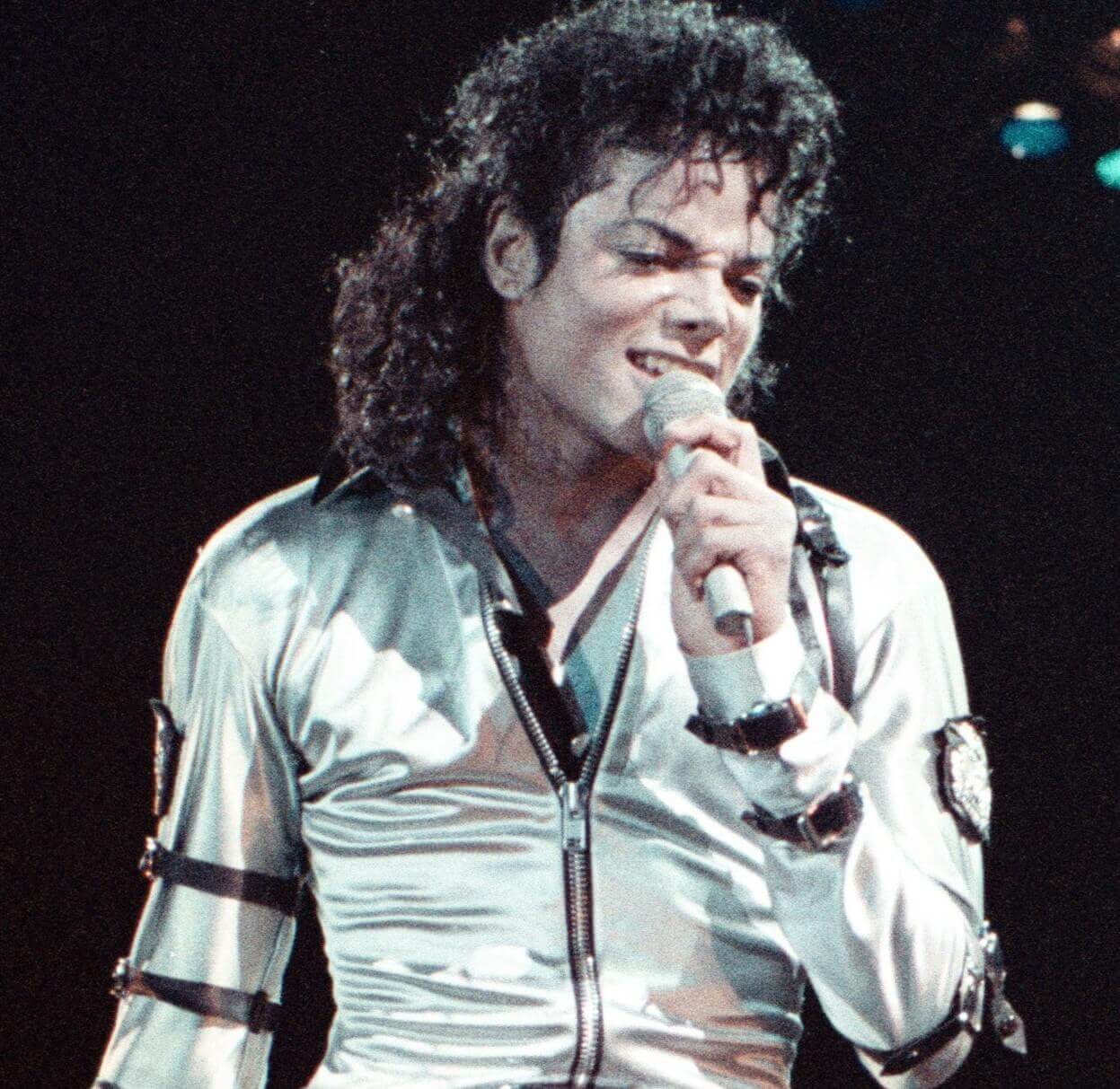 "Bad" singer Michael Jackson with a microphone