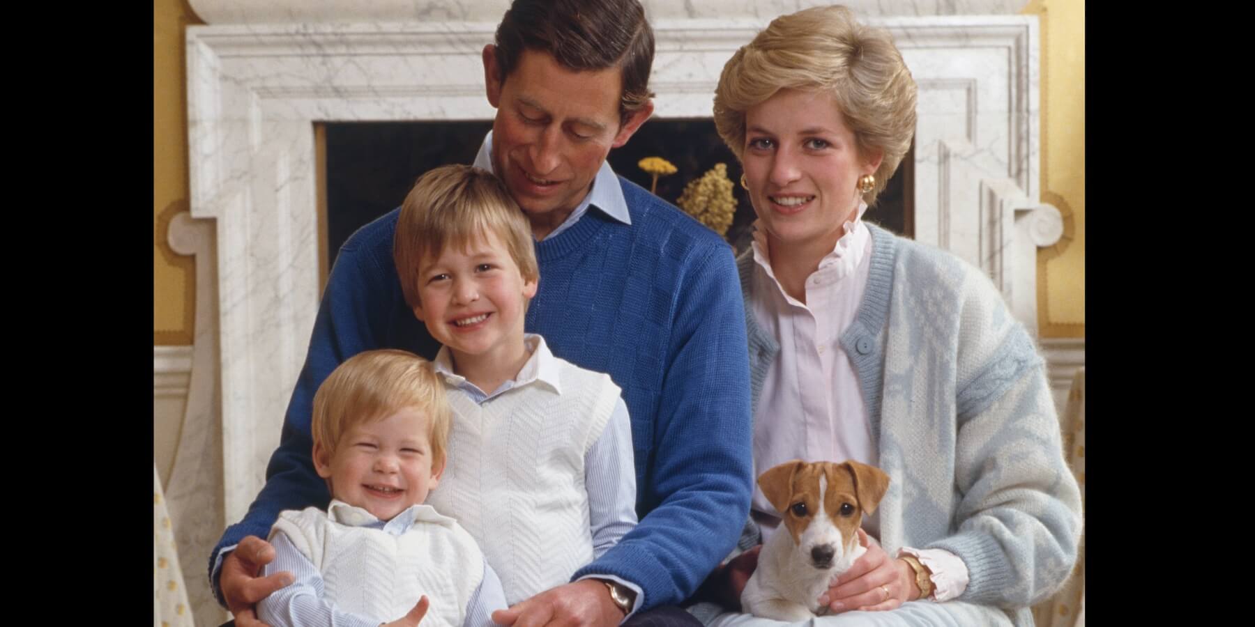 Prince Charles, Princess Diana, Prince William, and Prince Harry and their dog Tigga