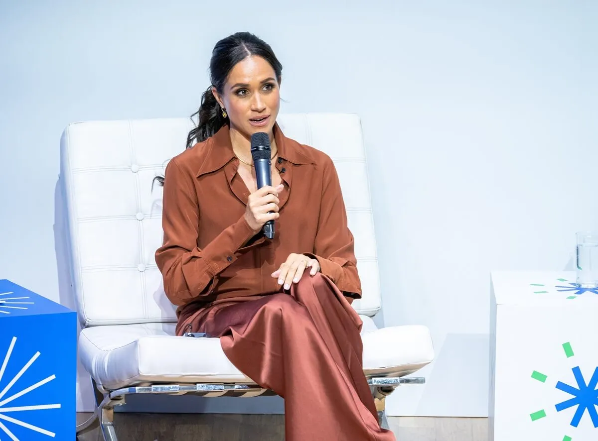 Meghan Markle speaks onstage at EAN University in Bogota, Colombia
