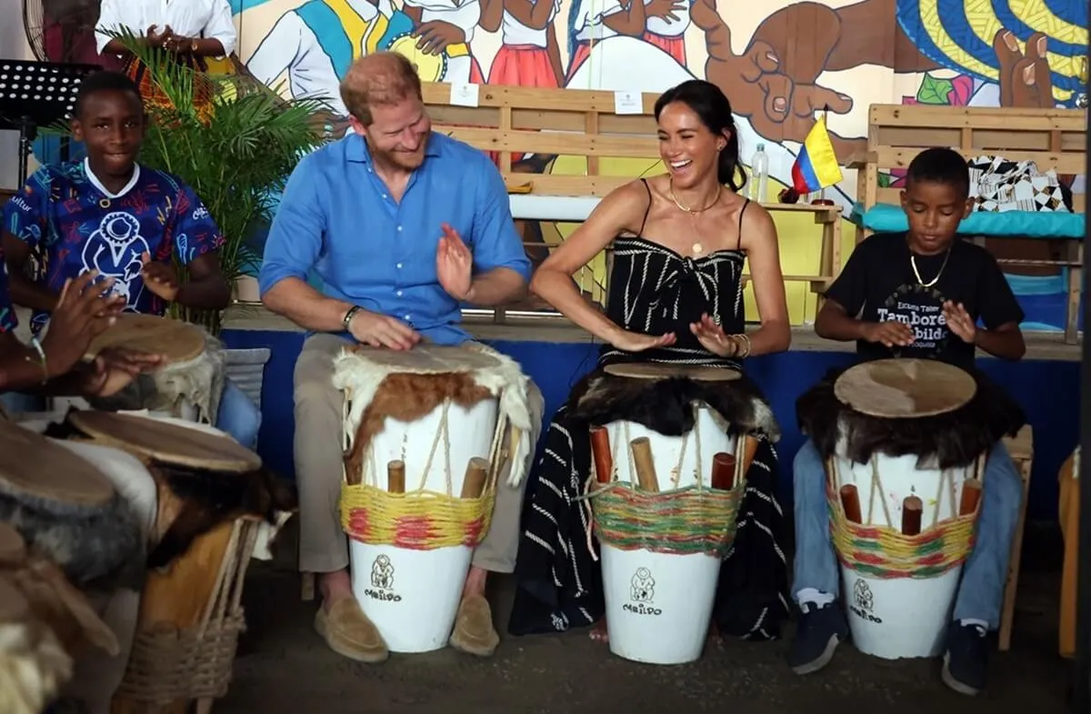 Prince Harry and Meghan Markle at the Escuela Tambores de Cabildo during their trip to Cartagena, Colombia