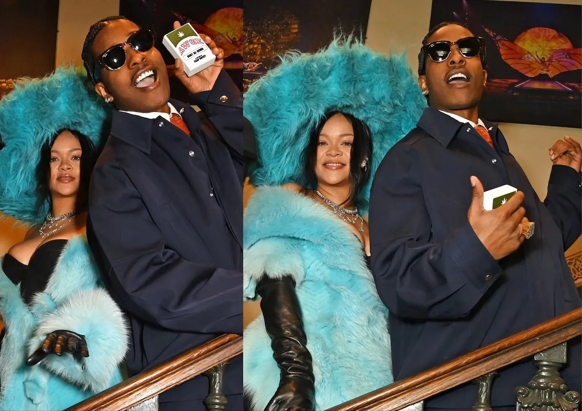 Wearing a blue fluffy dress and coat, Rihanna celebrates with A$AP Rocky backstage at The Fashion Awards 2024