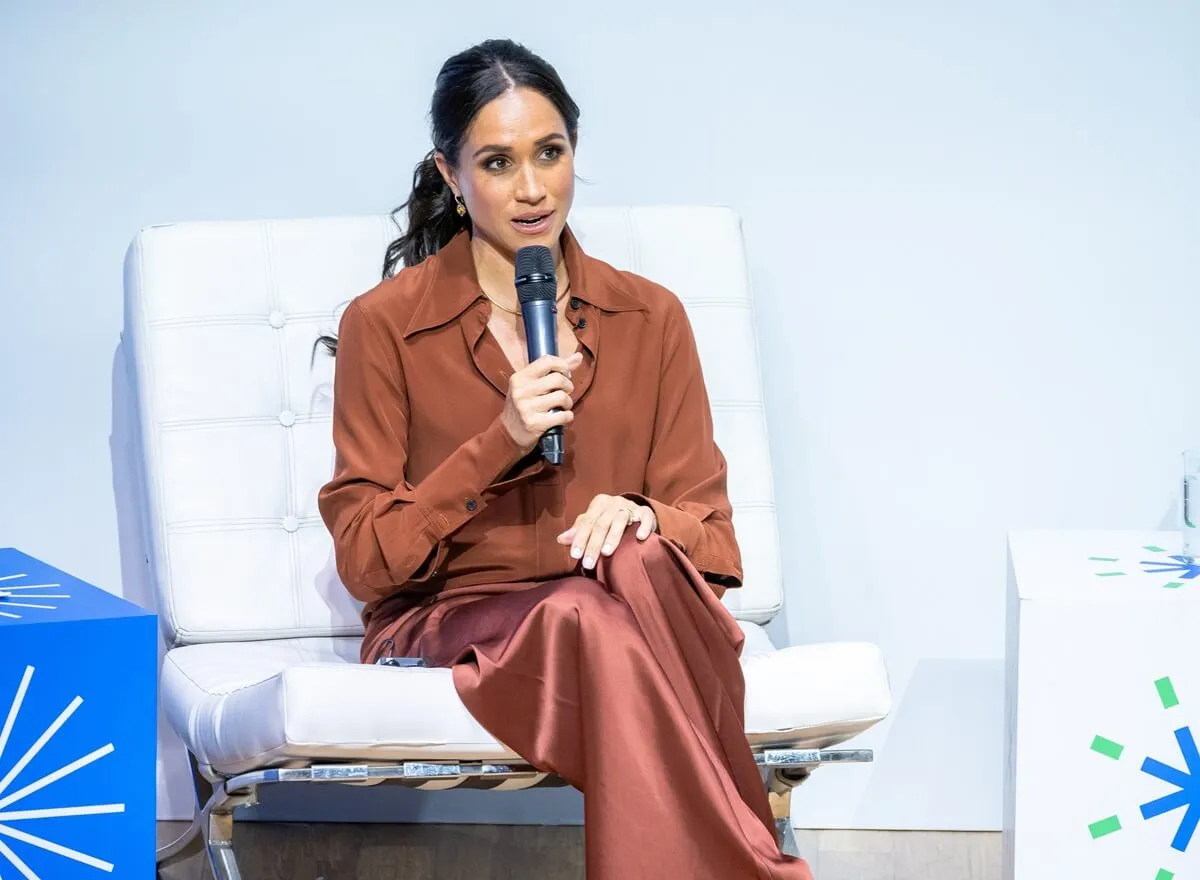 Meghan Markle speaks onstage at EAN University in Bogota, Colombia