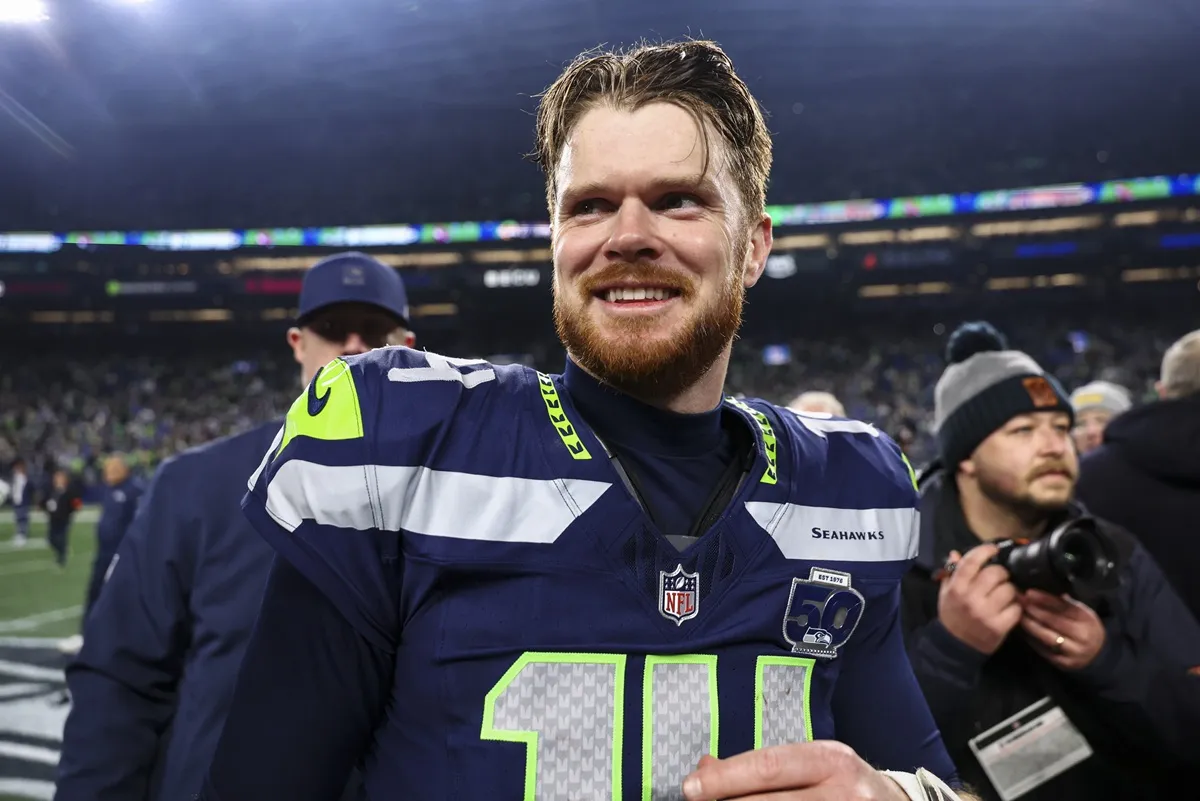 Sam Darnold of the Seattle Seahawks walks on the field after the NFC Championship game against the Los Angeles Rams