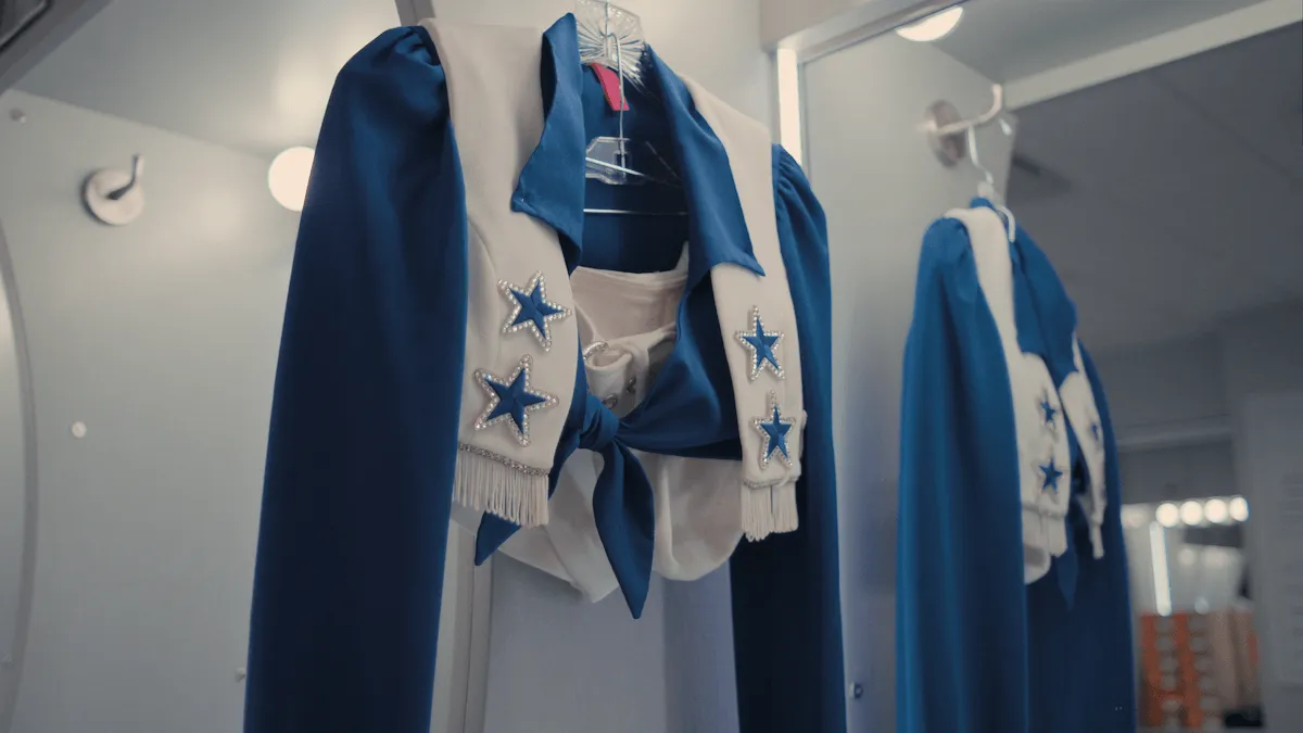 Dallas Cowboys Cheerleaders uniform hanging on a hanger