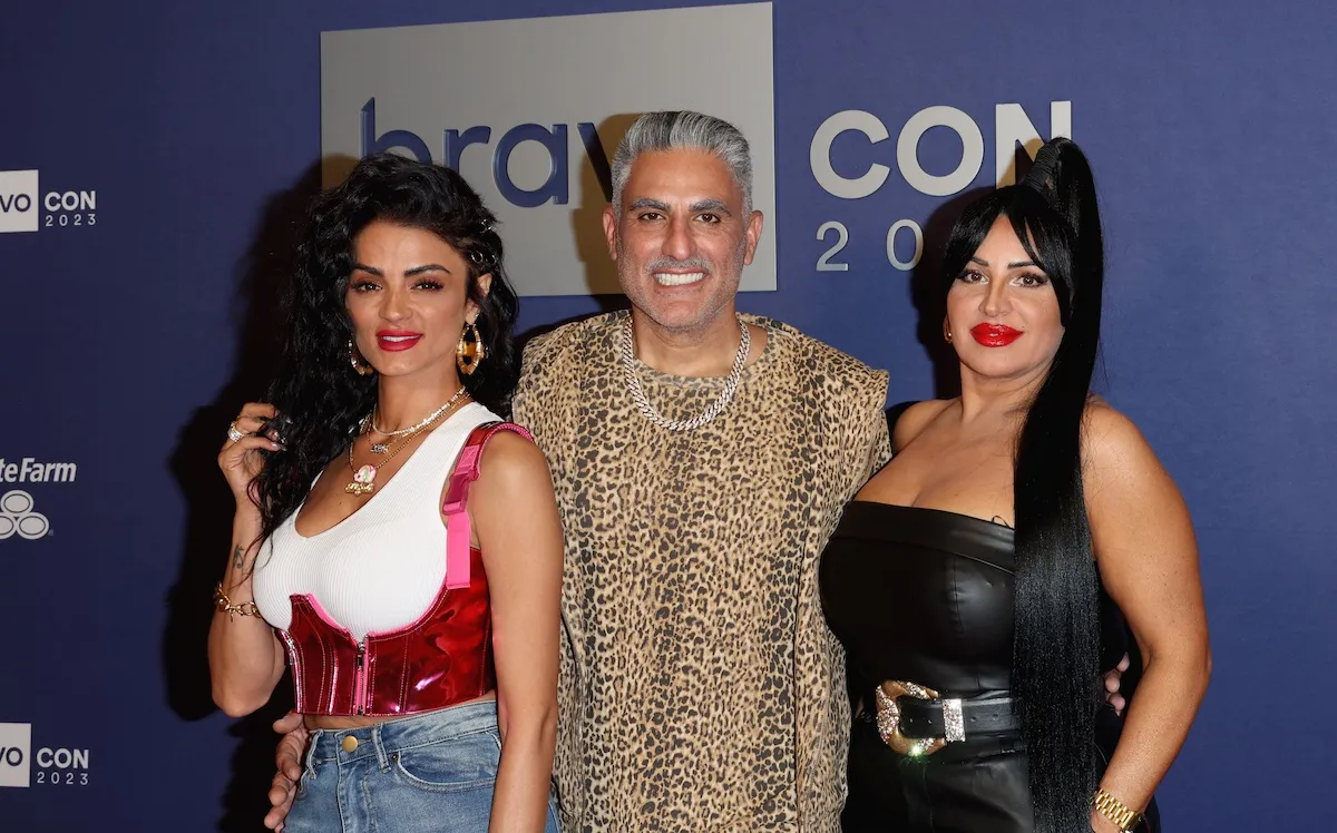 Golnesa Gharachedaghi, Reza Farahan and Mercedes Javid of "Shahs of Sunset" pose for a photo at BravoCon in 2023