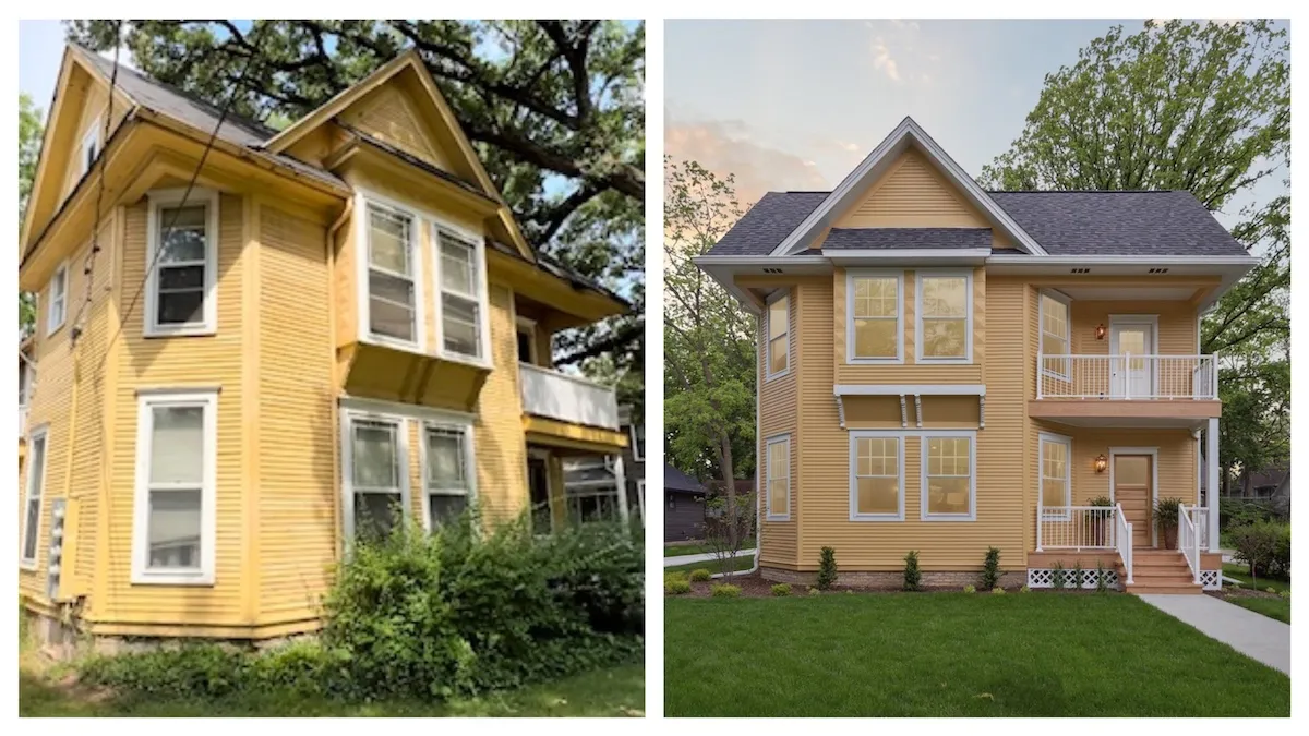 Before and after images of a yellow house on A&E's 'Betting on Beloit'