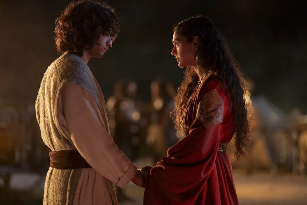 David and Michal holding hands and looking at each other in 'House of David' Season 2