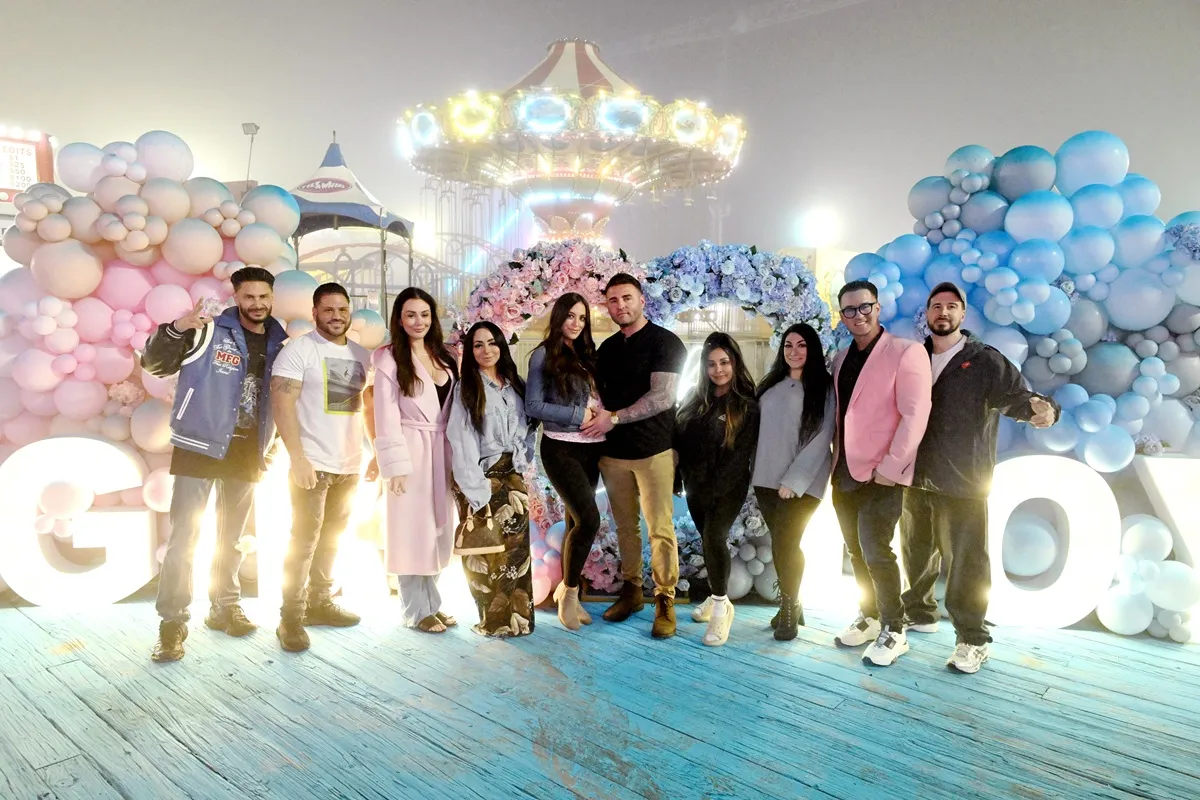 Pauly DelVecchio, Ronnie Ortiz-Magro, Jenni Farley, Angelina Pivarnick, Sammi Giancola, Justin May, Nicole Polizzi, Deena Nicole Cortese, Mike Sorrentino, and Vinny Guadagnino attend Sammi Giancola's gender reveal with MTV's Jersey Shore cast at Lobster Lounge on May 15, 2025 in Seaside Heights, New Jersey