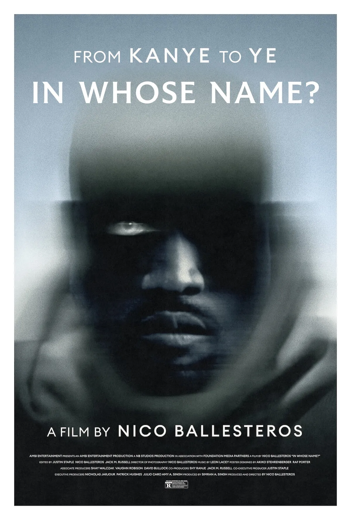 Poster for 'In Whose Name?' featuring a stylized image of Kanye West
