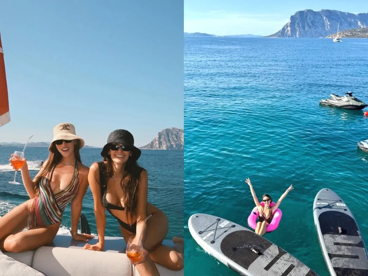 Smiling for a photo, Nina Dobrev and Keleigh Teller sit on a boat and drink spritzes together