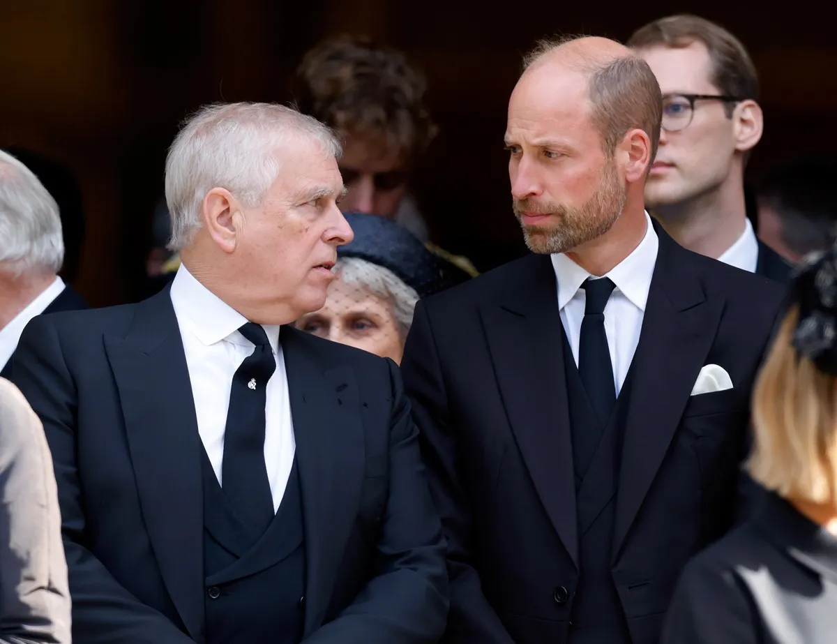 Prince Andrew and Prince William, attend the Duchess of Kent's Requiem Mass service at Westminster Cathedral