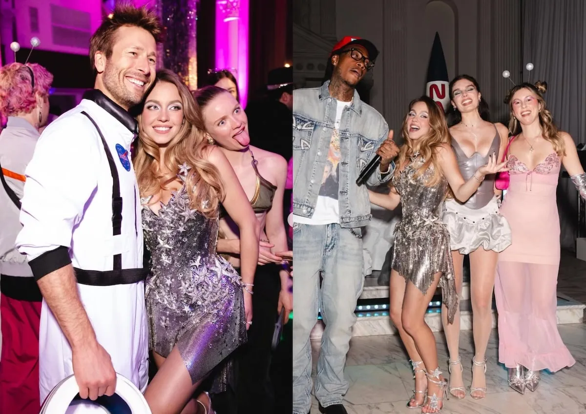 Side by side photos of Sydney Sweeney in a silver chainmail dress with Glen Powell and Wiz Khalifa