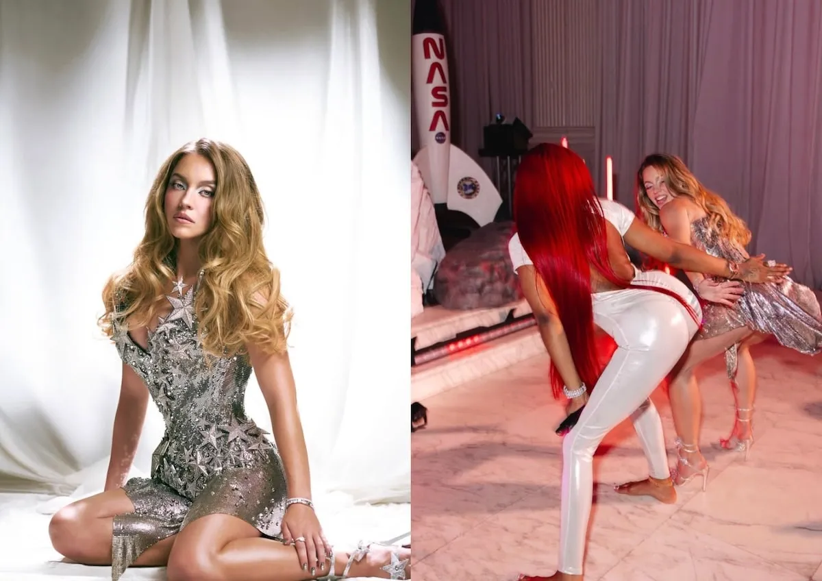 Side by side photos of Sydney Sweeney in a silver chainmail dress and twerking with Sexyy Red