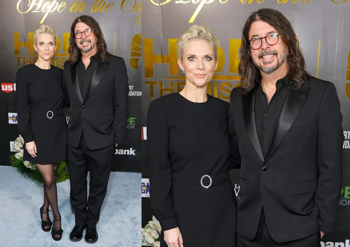 Wearing all black, Jordyn Blum and Dave Grohl pose for a photo before the Hope The Mission charity event in 2025