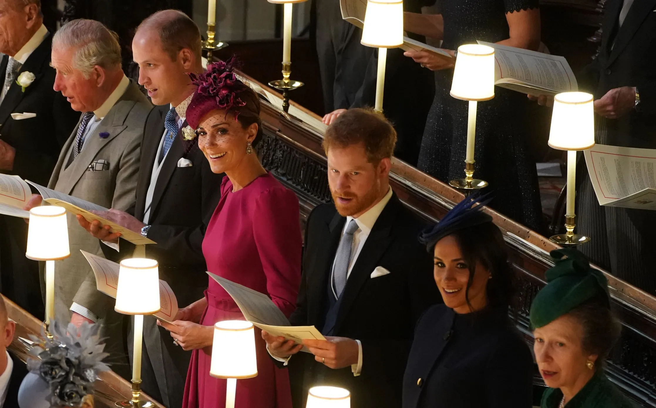 Kate Middleton, Prince Harry, and Meghan Markle during the wedding ceremony of Princess Eugenie and Jack Brooksbank