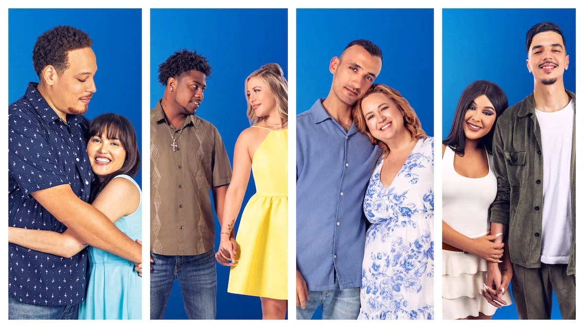 Portraits of four '90 Day Fiance: Before the 90 Days' Season 8 couples on a blue background
