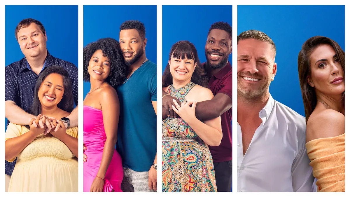 Portraits of four '90 Day Fiance: Before the 90 Days' Season 8 couples on a blue background