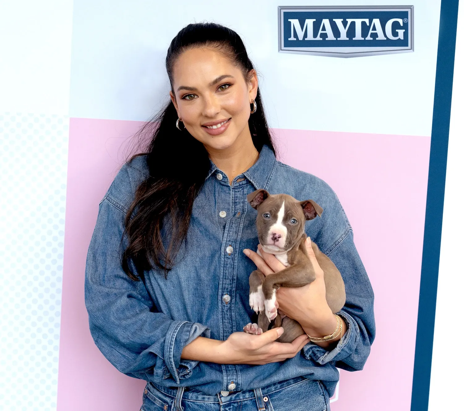 Christen Harper Goff for Maytag holding a puppy. She's dressed in denim and smiling.