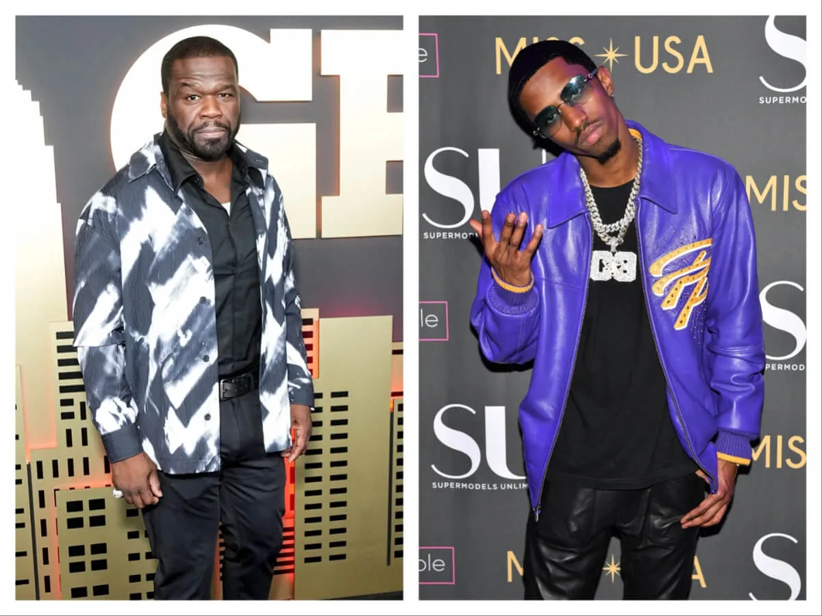 50 Cent wears a black and white jacket. Sean 'Diddy' Combs' son, Christian Combs, wears a purple jacket and sunglasses.