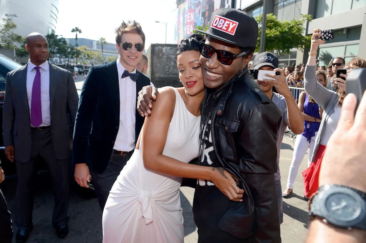 Rihanna and A$AP Rocky hugging and smiling in Los Angeles in 2012