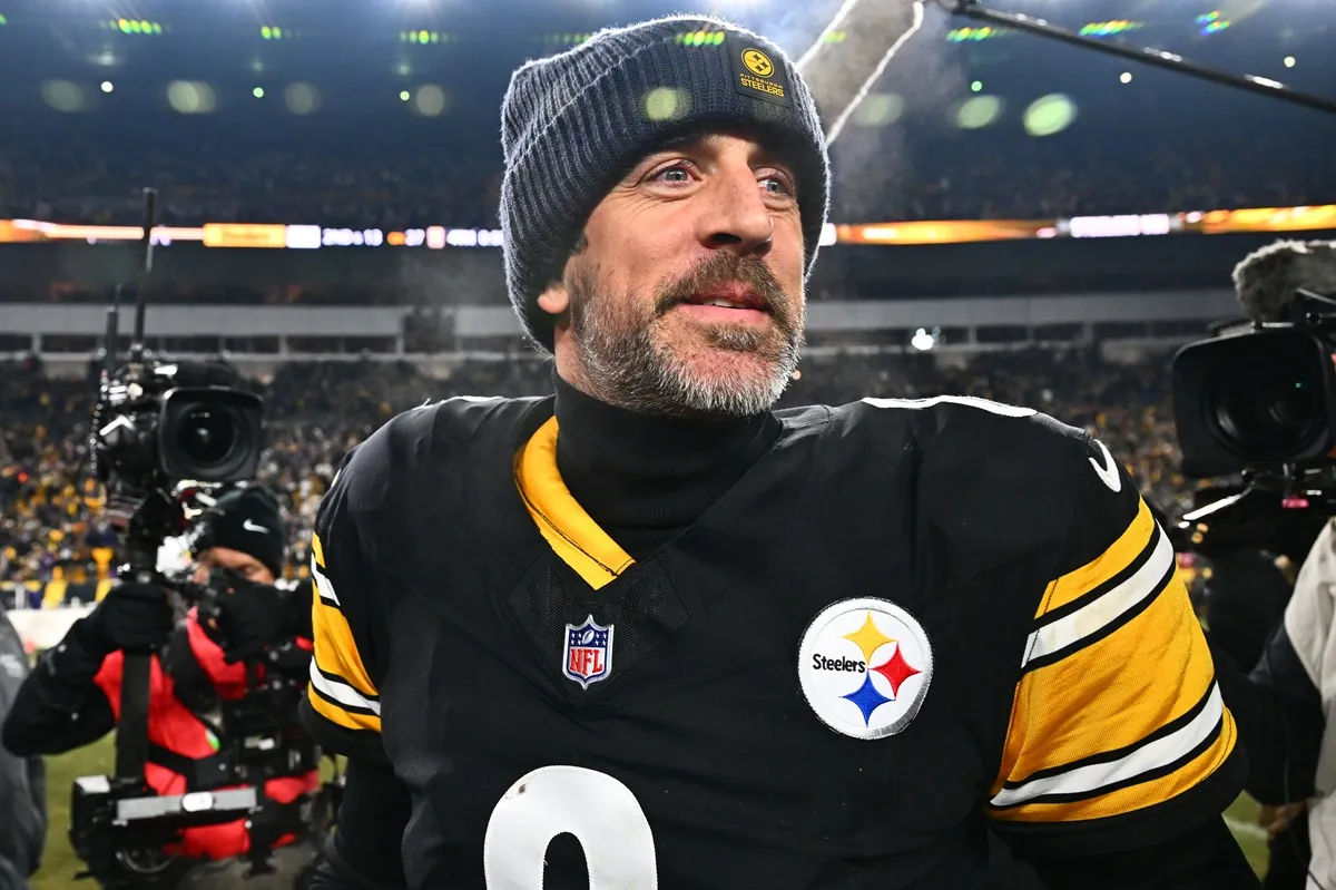 Aaron Rodgers #8 of the Pittsburgh Steelers looks on after defeating the Baltimore Ravens at Acrisure Stadium on January 04, 2026 in Pittsburgh, Pennsylvania