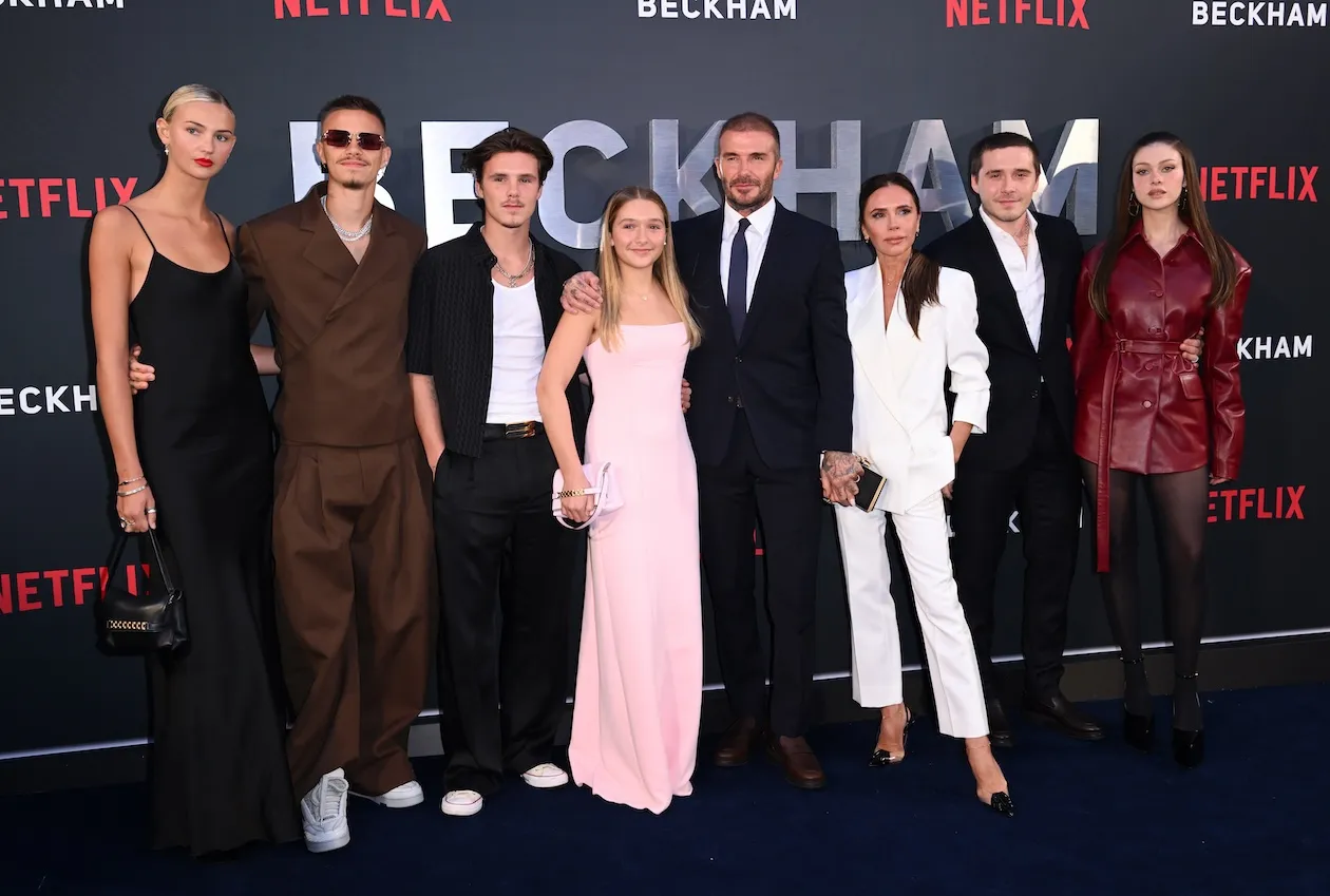 Mia Regan, Romeo Beckham, Cruz Beckham, Harper Beckham, David Beckham, Victoria Beckham, Brooklyn Beckham, and Nicola Peltz attend the Netflix 'Beckham' UK Premiere at The Curzon Mayfair on Oct. 3, 2023, in London, England