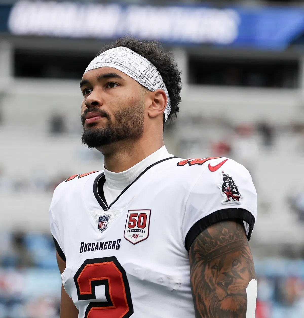 Emeka Egbuka #2 of the Tampa Bay Buccaneers looks on prior to a game against the Carolina Panthers at Bank of America Stadium on December 21, 2025 in Charlotte, North Carolina; he announced his engagement days later.