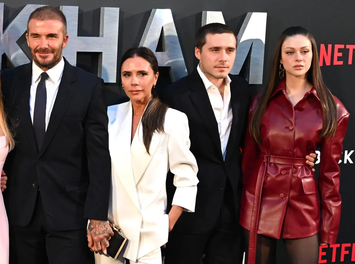 David Beckham, Victoria Beckham, Brooklyn Beckham and Nicola Peltz attend the Netflix 'Beckham' UK Premiere at The Curzon Mayfair on October 03, 2023