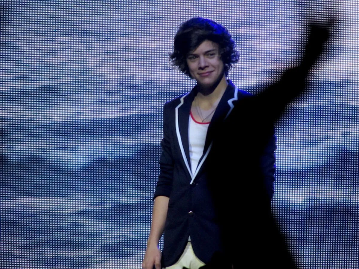 Harry Styles wearing a cardigan while on stage in 2012