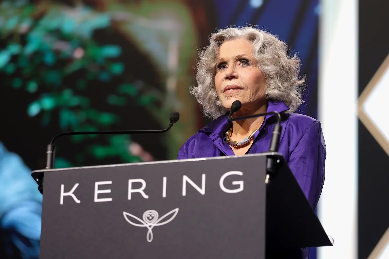 Jane Fonda speaks onstage in 2026