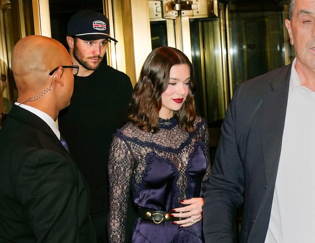 Married couple Hailee Steinfeld and Josh Allen exit a New York City building ahead of a press conference in April 2025