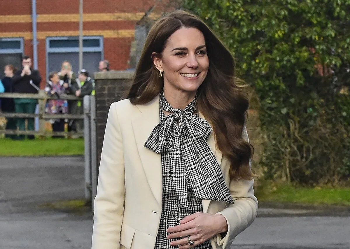 Kate Middlton arrives for a visit to Corgi, a family run textiles manufacturer focused on the production of socks and knitwear