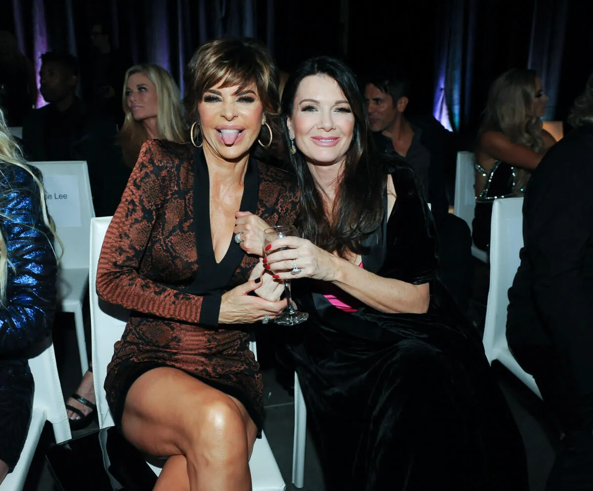 Lisa Rinna wears a snakeskin dress and sits next to Lisa Vanderpump. Vanderpump wears a black dress and holds a glass of wine.
