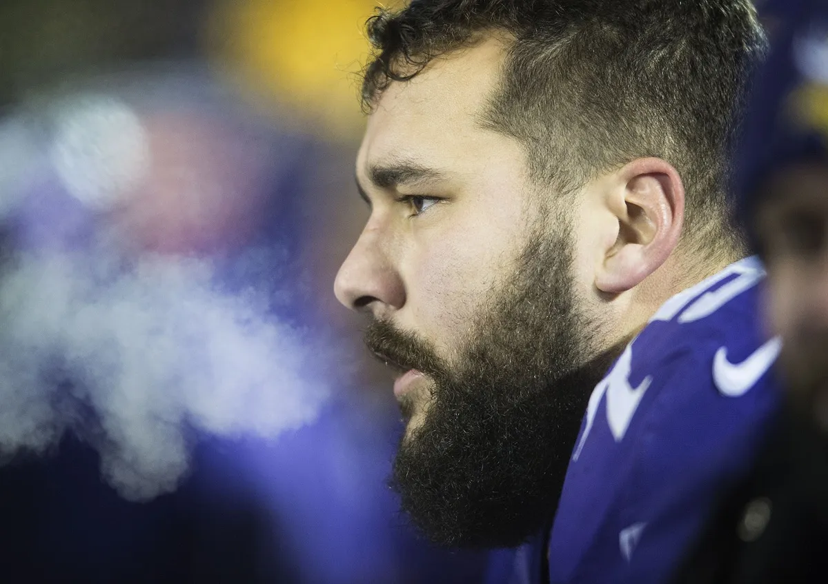 Matt Kalil #75 of the Minnesota Vikings cools off during an NFL game against the New York Giants at TCF Bank Stadium December 27, 2015