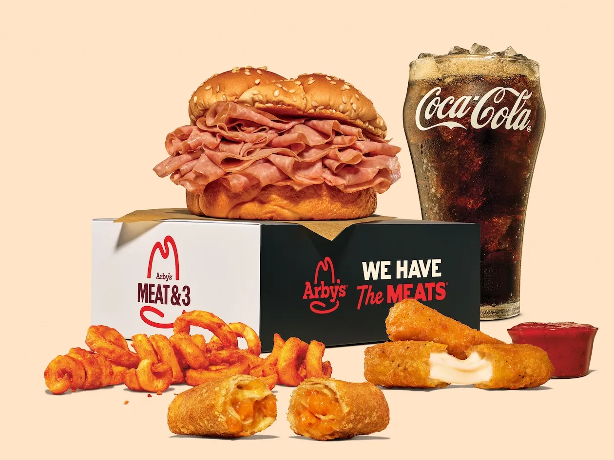 Arby's Meat & 3 Combo, including a Roast Beef Sandwich, soda, mozzarella sticks, curly cries, and peach cobbler roll