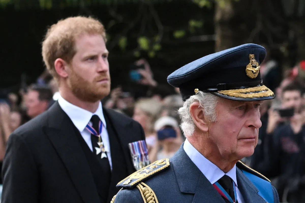 Prince Harry standing behind King Charles, who is wearing a military uniform, at the funeral of Queen Elizabeth II