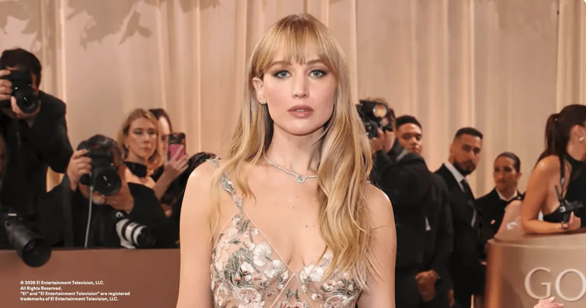 YouTube screenshot of Jennifer Lawrence on the red carpet at the Golden Globes