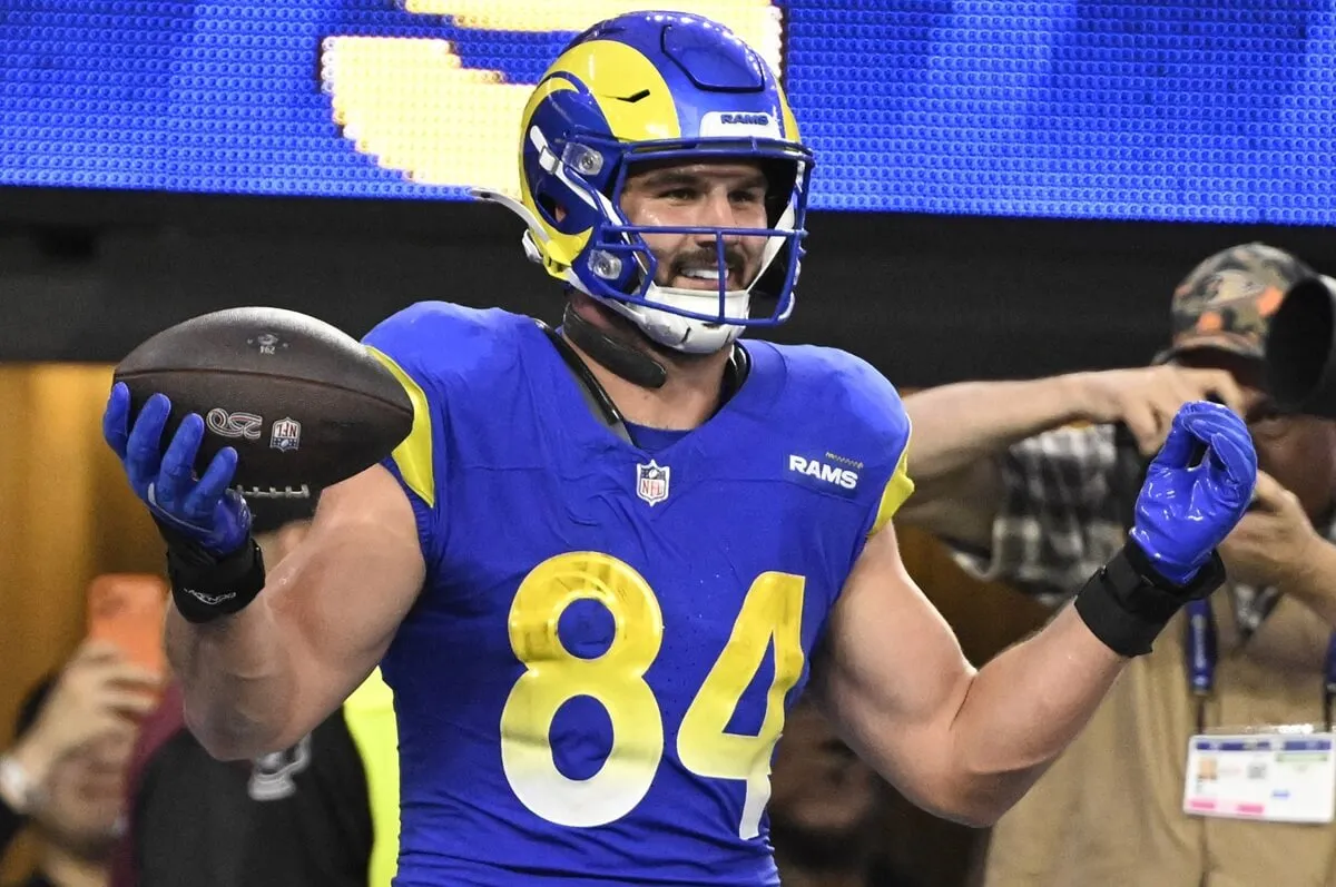 Tight end Colby Parkinson of the Los Angeles Rams reacts after a touchdown against the Arizona Cardinals