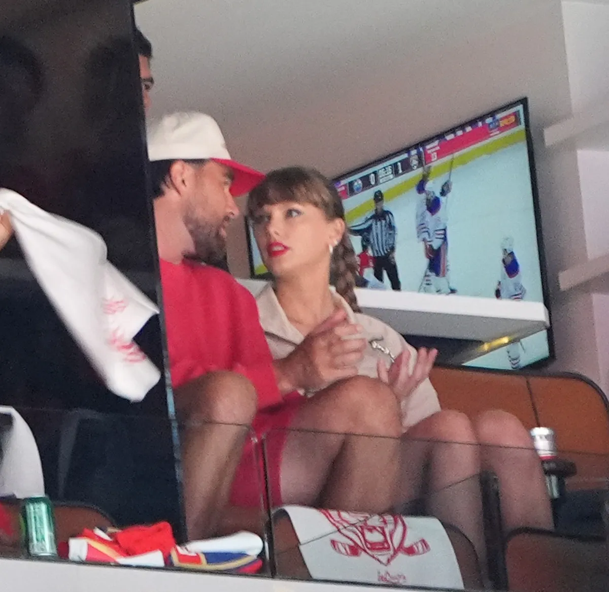 Travis Kelce and ]Taylor Swift are seen during the first period of Game Four of the 2025 Stanley Cup Final between the Edmonton Oilers and the Florida Panthers at Amerant Bank Arena on June 12, 2025