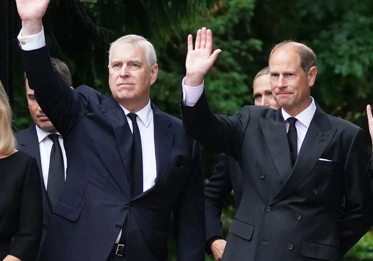 Andrew Mountbatten-Windsor, Prince Edward, and other royals view messages and floral tributes left by members of the public following the death of Queen Elizabeth II