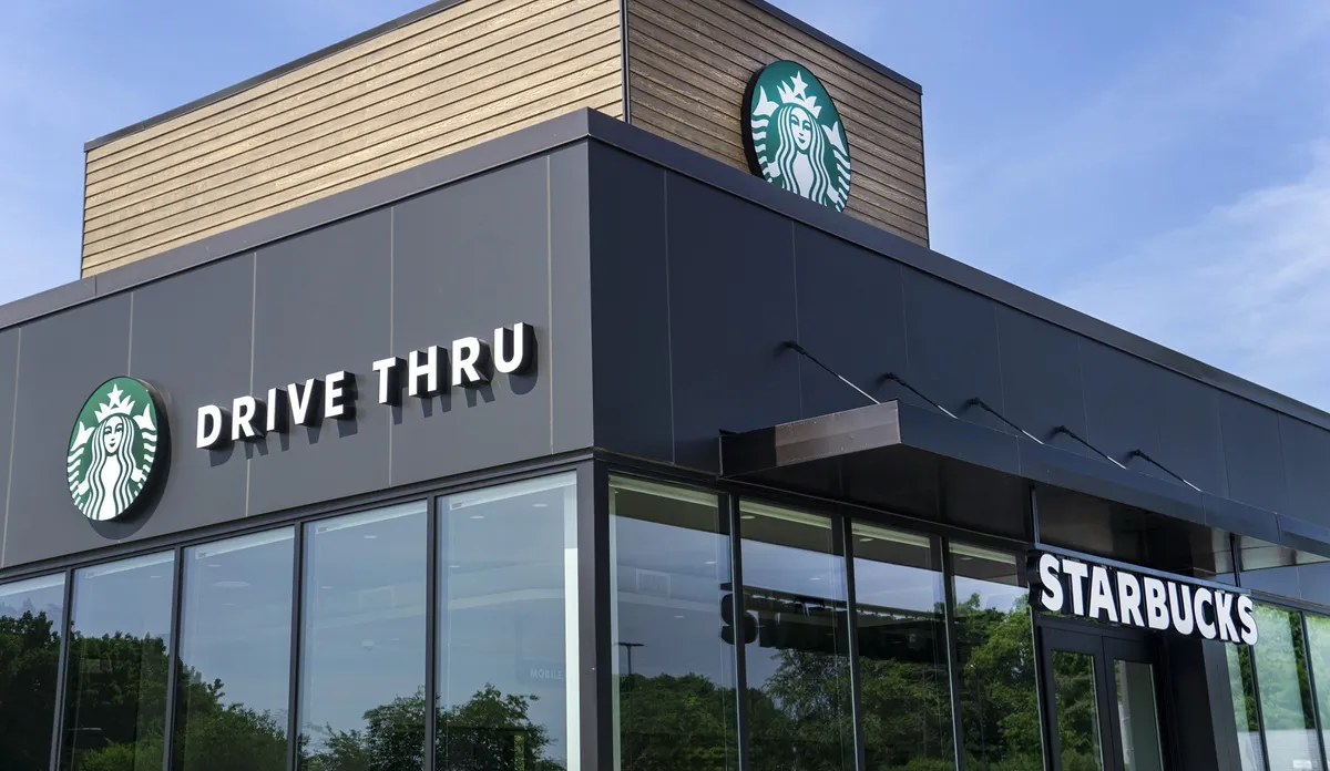 Building exterior of a Starbucks coffee drive-thru