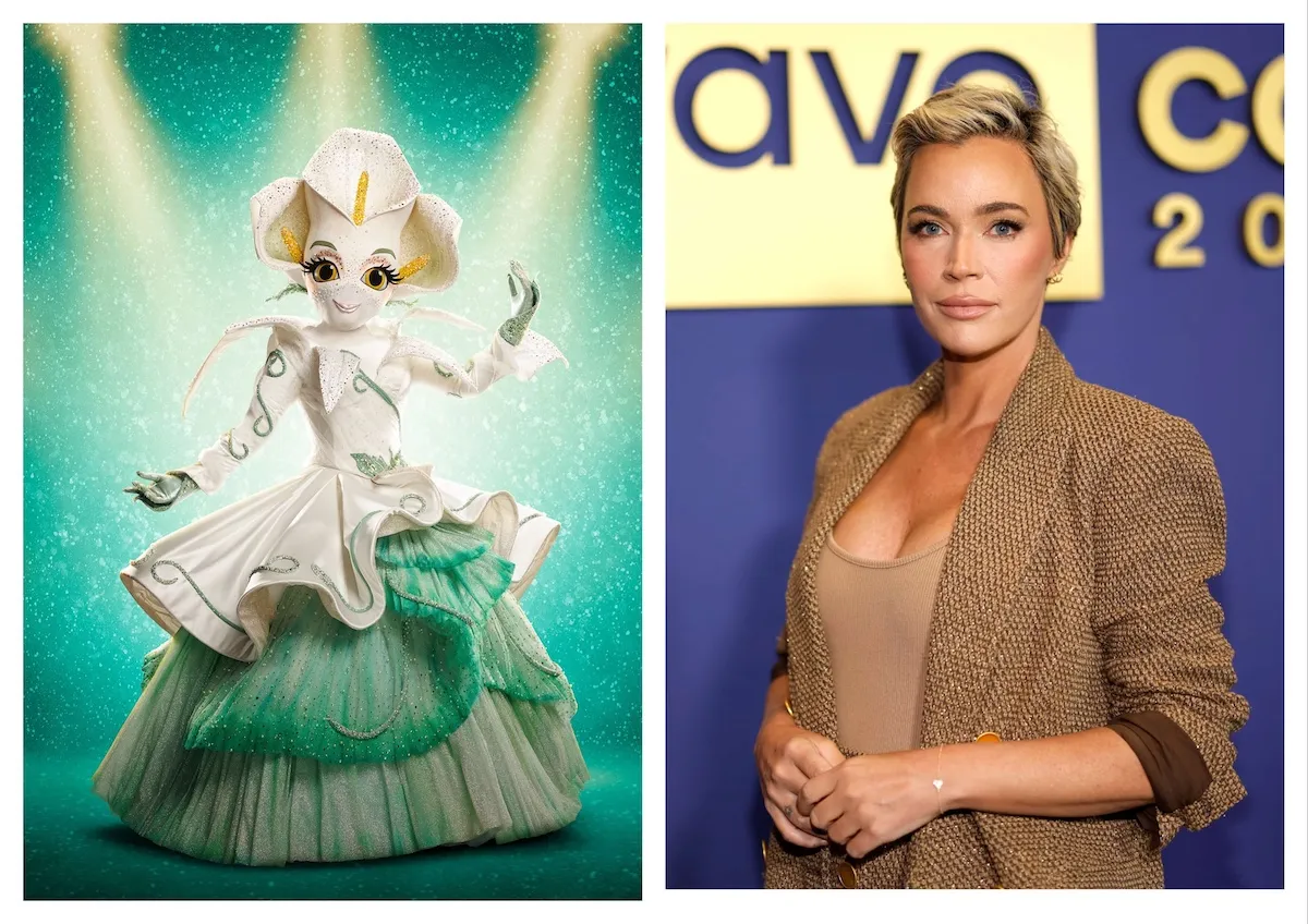 Calla Lily on The Masked Singer next to a portrait of Teddi Mellencamp at BravoCon