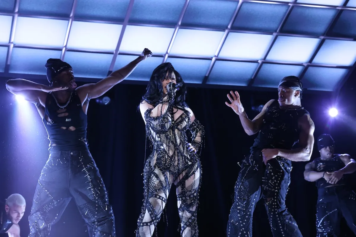 Cardi B performs 'ErrTime' on 'SNL' in a black custom outfit with backup dancers onstage with her.